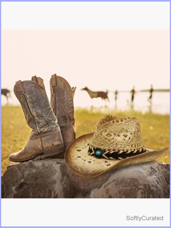 Unisex Wide Brim Raffia Cowboy Hat with Decorative Band main image 6